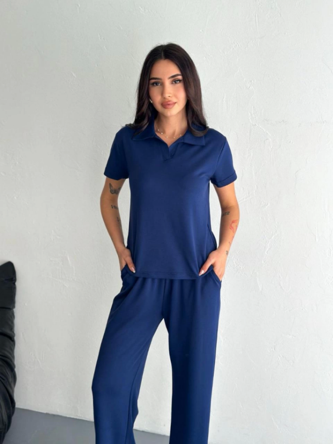 Osy Modal Yumuşak Dokulu Kumaş Kısa Kollu Yakalı T-shirt Pantalon Ikili Takım- Lacivert - 1