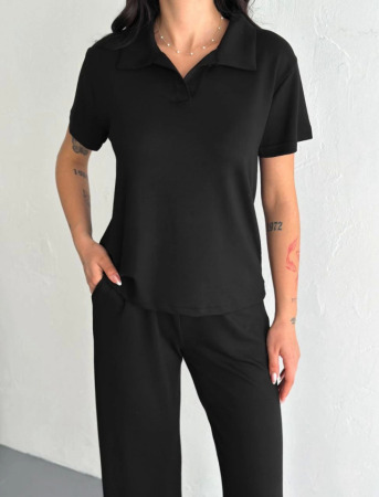 Osy Modal Yumuşak Dokulu Kumaş Kısa Kollu Yakalı T-shirt Pantalon Ikili Takım- Siyah - 1