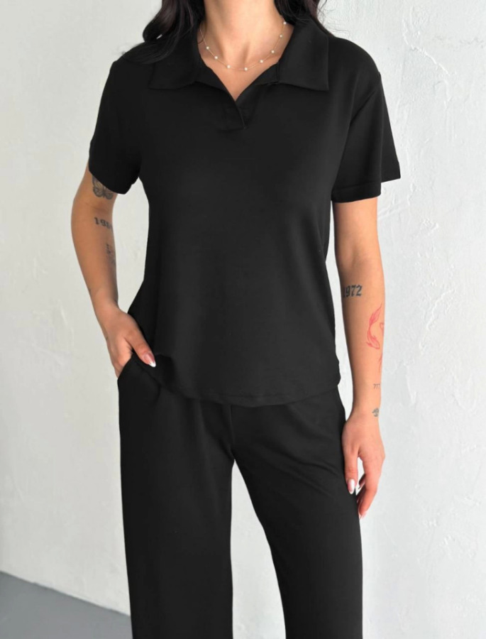 Osy Modal Yumuşak Dokulu Kumaş Kısa Kollu Yakalı T-shirt Pantalon Ikili Takım- Siyah - 1