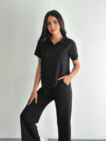 Osy Modal Yumuşak Dokulu Kumaş Kısa Kollu Yakalı T-shirt Pantalon Ikili Takım- Siyah - ANGELINO BuyukBedeniz (1)