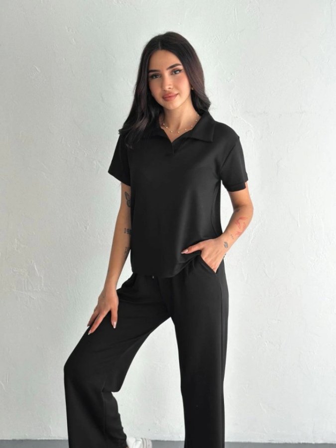 Osy Modal Yumuşak Dokulu Kumaş Kısa Kollu Yakalı T-shirt Pantalon Ikili Takım- Siyah - 2