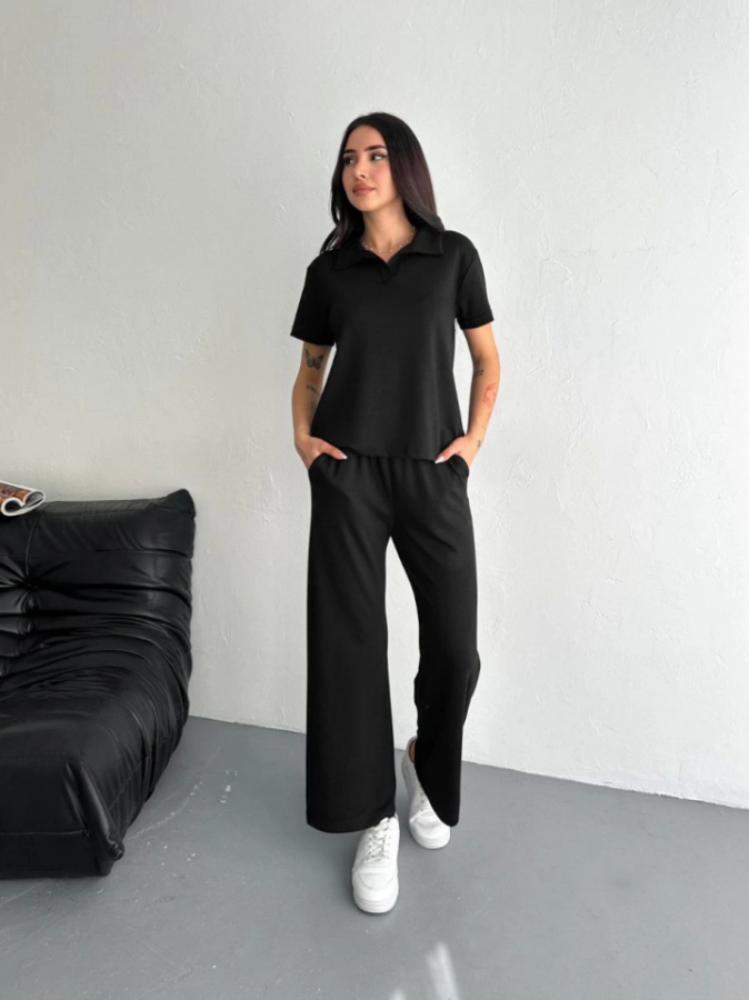 Osy Modal Yumuşak Dokulu Kumaş Kısa Kollu Yakalı T-shirt Pantalon Ikili Takım- Siyah - 3