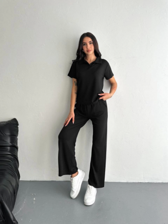 Osy Modal Yumuşak Dokulu Kumaş Kısa Kollu Yakalı T-shirt Pantalon Ikili Takım- Siyah - 4