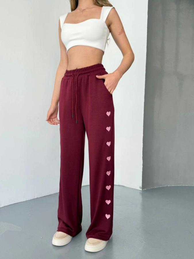 Osy Modal Yumuşak Dokulu Kumaş Nakış Işlemeli Rahat Bol Paça Eşofman Pantalon - Bordo - 2