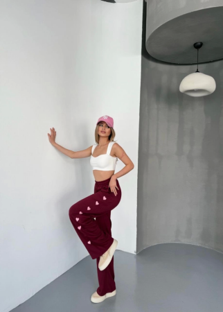 Osy Modal Yumuşak Dokulu Kumaş Nakış Işlemeli Rahat Bol Paça Eşofman Pantalon - Bordo - 3