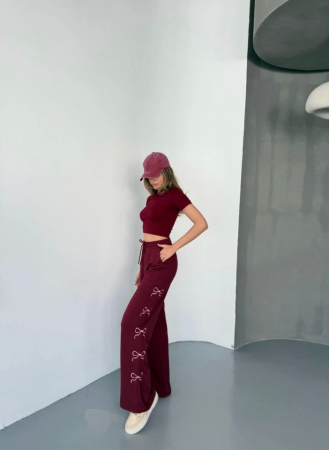 Osy Modal Yumuşak Dokulu Kumaş Nakış Işlemeli Rahat Bol Paça Eşofman Pantalon - Bordo - ANGELINO BuyukBedeniz