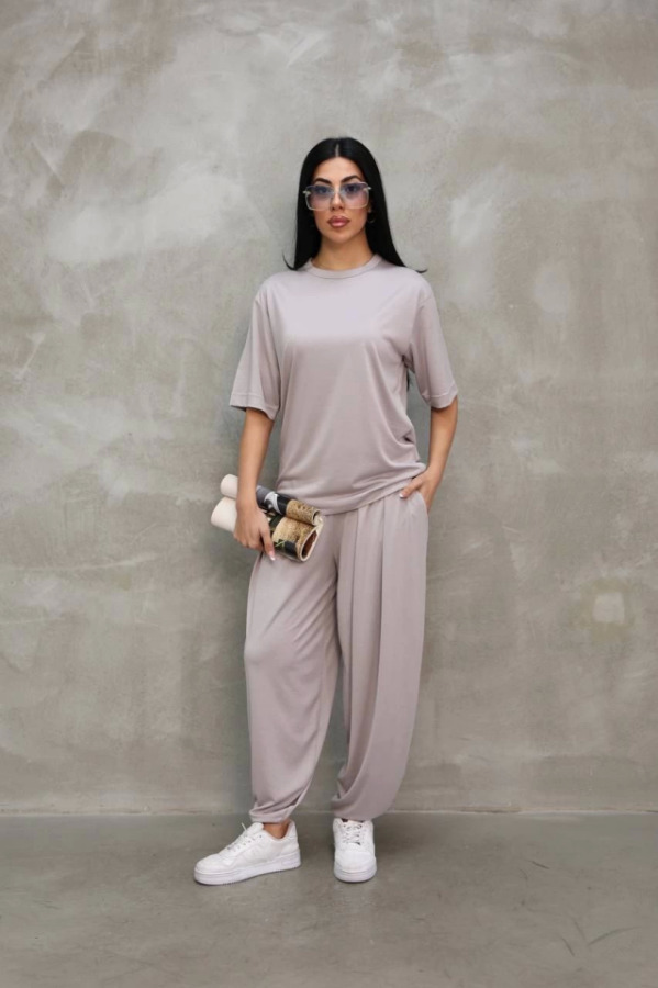 Osy Modal Yumuşak Dokulu Kumaş Oversize Bisiklet Yaka T-shirt Jogger Eşofman Altı Eşofman Takımı - Gri - 1