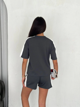 Osy Modal Yumuşak Dokulu Kumaş Parçalı Bisiklet Yaka T-shirt Kısa Şort İkili Takım - Antrasit - 2