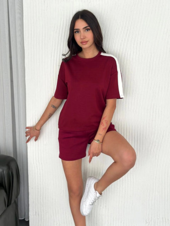 Osy Modal Yumuşak Dokulu Kumaş Parçalı Bisiklet Yaka T-shirt Kısa Şort İkili Takım - Bordo - 2