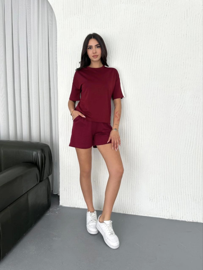 Osy Modal Yumuşak Dokulu Kumaş Parçalı Bisiklet Yaka T-shirt Kısa Şort İkili Takım - Bordo - 4