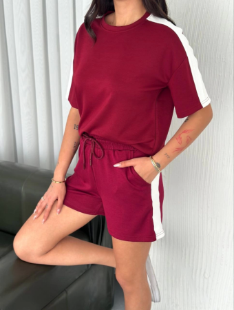 Osy Modal Yumuşak Dokulu Kumaş Parçalı Bisiklet Yaka T-shirt Kısa Şort İkili Takım - Bordo - ANGELINO BuyukBedeniz