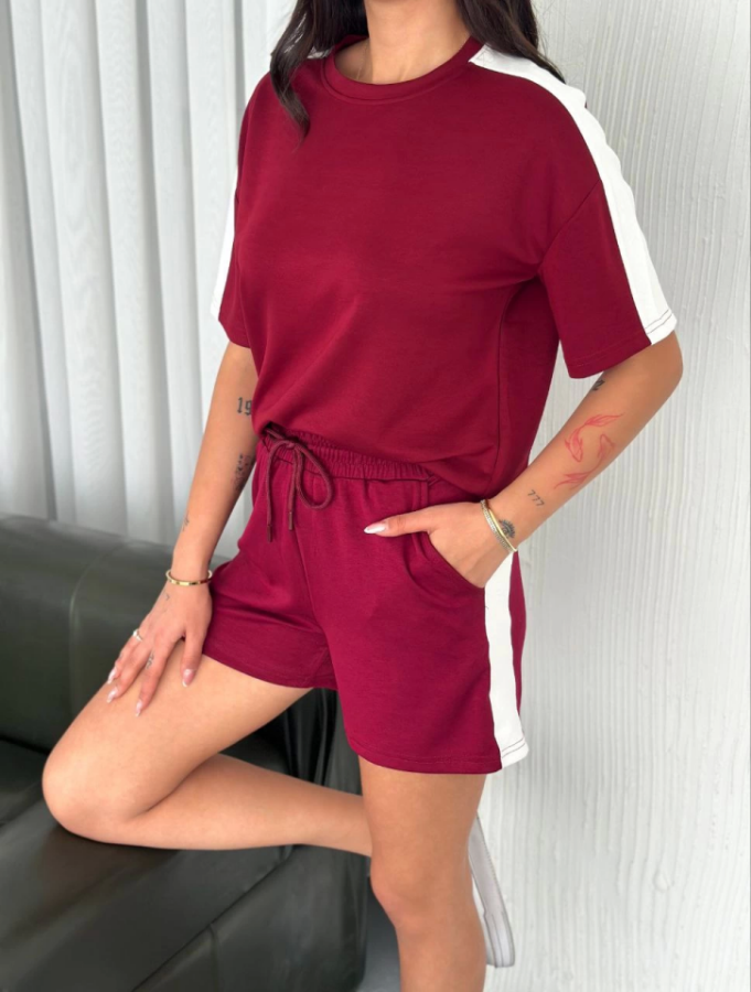 Osy Modal Yumuşak Dokulu Kumaş Parçalı Bisiklet Yaka T-shirt Kısa Şort İkili Takım - Bordo - 1