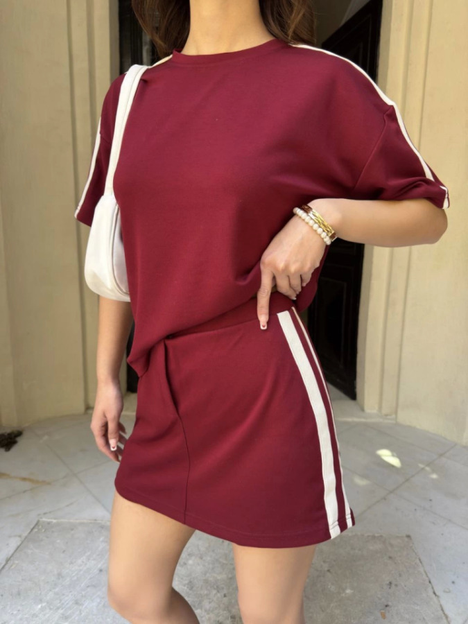 Osy Modal Yumuşak Dokulu Kumaş Parçalı Bisiklet Yaka T-shirt Mini Şortlu Etek İkili Takım -Bordo - 1