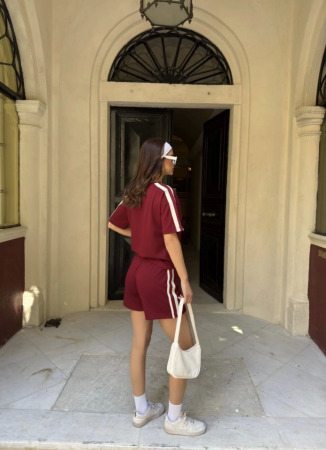 Osy Modal Yumuşak Dokulu Kumaş Parçalı Bisiklet Yaka T-shirt Mini Şortlu Etek İkili Takım -Bordo - 3