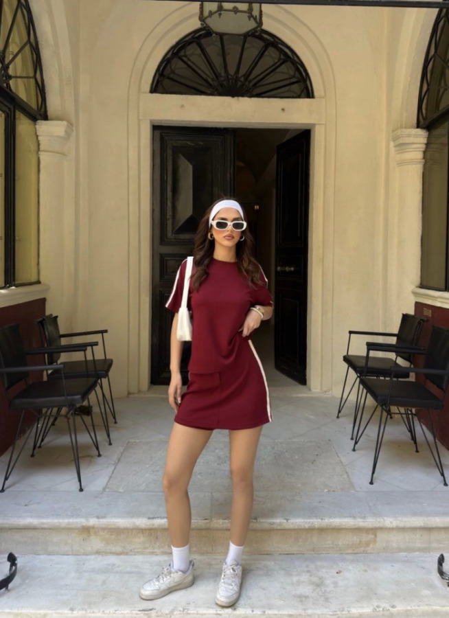 Osy Modal Yumuşak Dokulu Kumaş Parçalı Bisiklet Yaka T-shirt Mini Şortlu Etek İkili Takım -Bordo - 4