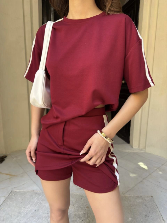 Osy Modal Yumuşak Dokulu Kumaş Parçalı Bisiklet Yaka T-shirt Mini Şortlu Etek İkili Takım -Bordo - 2