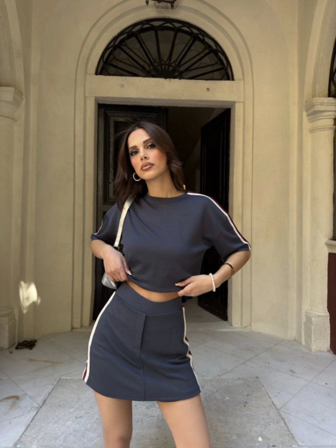 Osy Modal Yumuşak Dokulu Kumaş Parçalı Bisiklet Yaka T-shirt Mini Şortlu Etek İkili Takım - Füme - 1