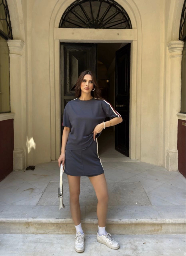 Osy Modal Yumuşak Dokulu Kumaş Parçalı Bisiklet Yaka T-shirt Mini Şortlu Etek İkili Takım - Füme - 4