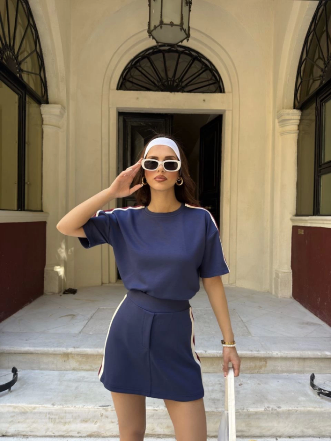 Osy Modal Yumuşak Dokulu Kumaş Parçalı Bisiklet Yaka T-shirt Mini Şortlu Etek İkili Takım -Lacivert - 1