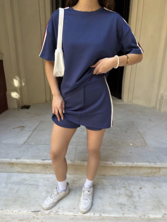 Osy Modal Yumuşak Dokulu Kumaş Parçalı Bisiklet Yaka T-shirt Mini Şortlu Etek İkili Takım -Lacivert - 3