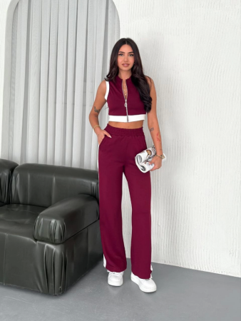 Osy Modal Yumuşak Dokulu Kumaş Tam Fermuarlı Crop Pantalon İkili Takım - Bordo - ANGELINO BuyukBedeniz