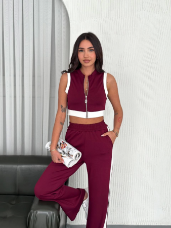 Osy Modal Yumuşak Dokulu Kumaş Tam Fermuarlı Crop Pantalon İkili Takım - Bordo - 4
