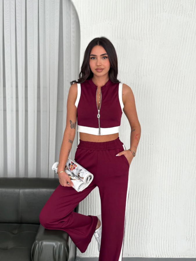 Osy Modal Yumuşak Dokulu Kumaş Tam Fermuarlı Crop Pantalon İkili Takım - Bordo - 4