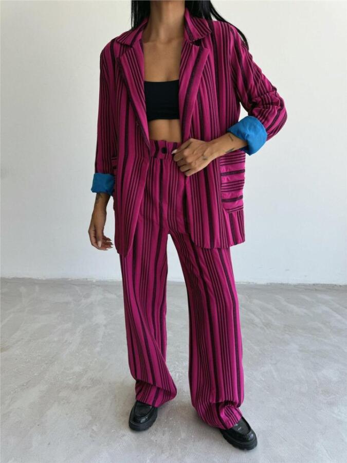 OTTOMAN ÇİZGİLİ CEKET-PANTOLON TK - Fuşya - 2