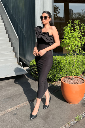 Ottoman Kumaş Tek Kol Kalem Elbise - SİYAH - Angelino Moda