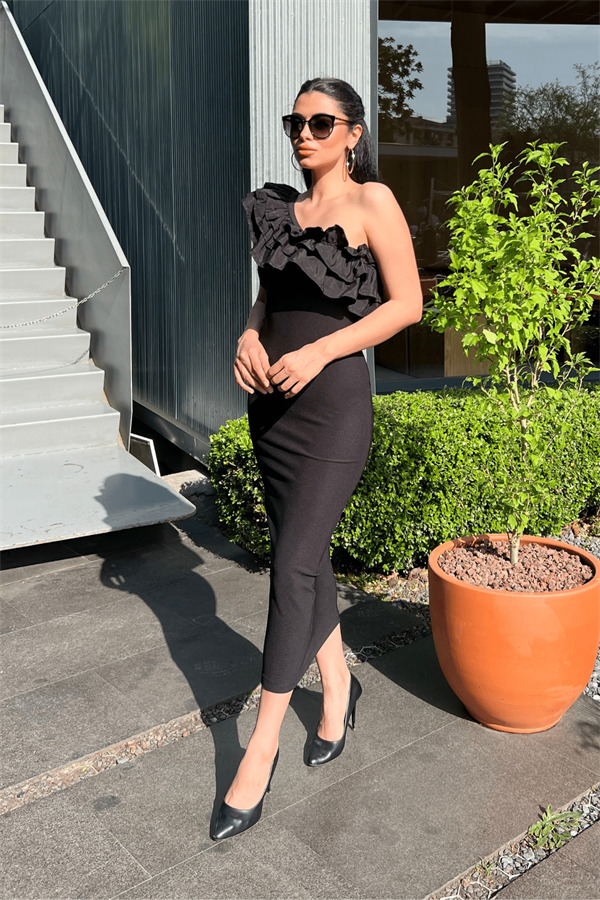 Ottoman Kumaş Tek Kol Kalem Elbise - SİYAH - 1