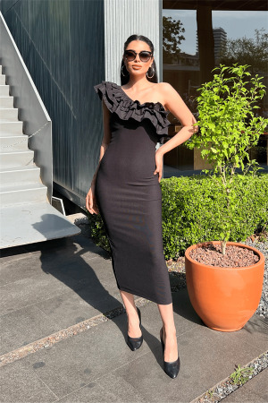 Ottoman Kumaş Tek Kol Kalem Elbise - SİYAH - Angelino Moda (1)