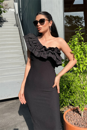 Ottoman Kumaş Tek Kol Kalem Elbise - SİYAH - 3