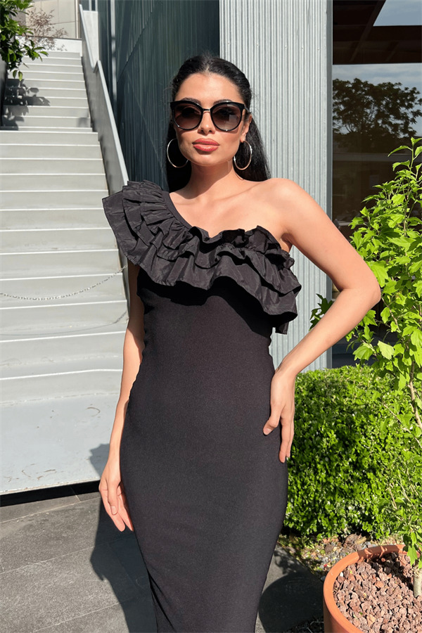 Ottoman Kumaş Tek Kol Kalem Elbise - SİYAH - 4