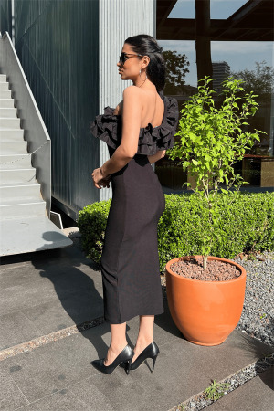 Ottoman Kumaş Tek Kol Kalem Elbise - SİYAH - 5