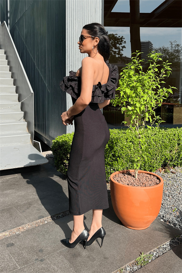 Ottoman Kumaş Tek Kol Kalem Elbise - SİYAH - 5