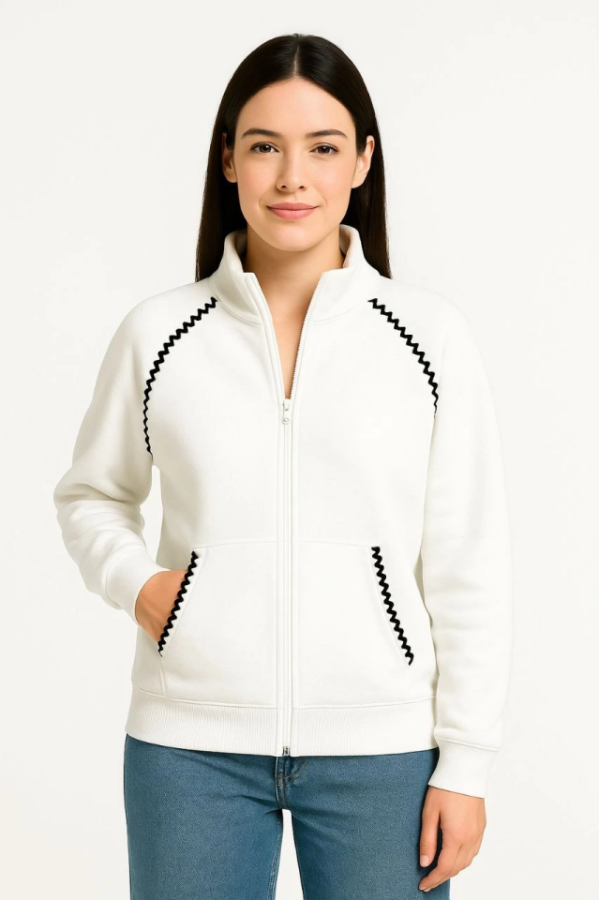 Oversize Dik Yaka Fermuarlı Sweatshirt - Zincir Nakışli Kanguru Cepli, - Beyaz - 1