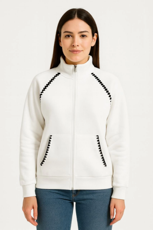 Oversize Dik Yaka Fermuarlı Sweatshirt - Zincir Nakışli Kanguru Cepli, - Beyaz - 2