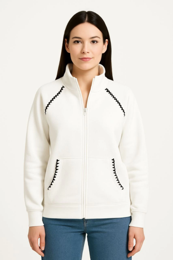 Oversize Dik Yaka Fermuarlı Sweatshirt - Zincir Nakışli Kanguru Cepli, - Beyaz - 3