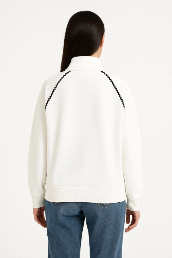 Oversize Dik Yaka Fermuarlı Sweatshirt - Zincir Nakışli Kanguru Cepli, - Beyaz - 4