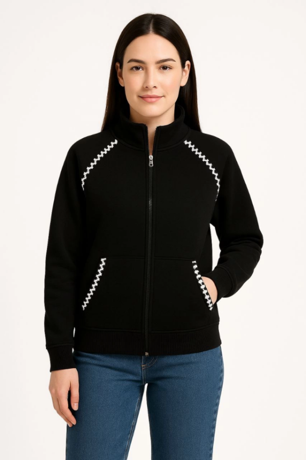 Oversize Dik Yaka Fermuarlı Sweatshirt - Zincir Nakışli Kanguru Cepli, - Siyah - 1