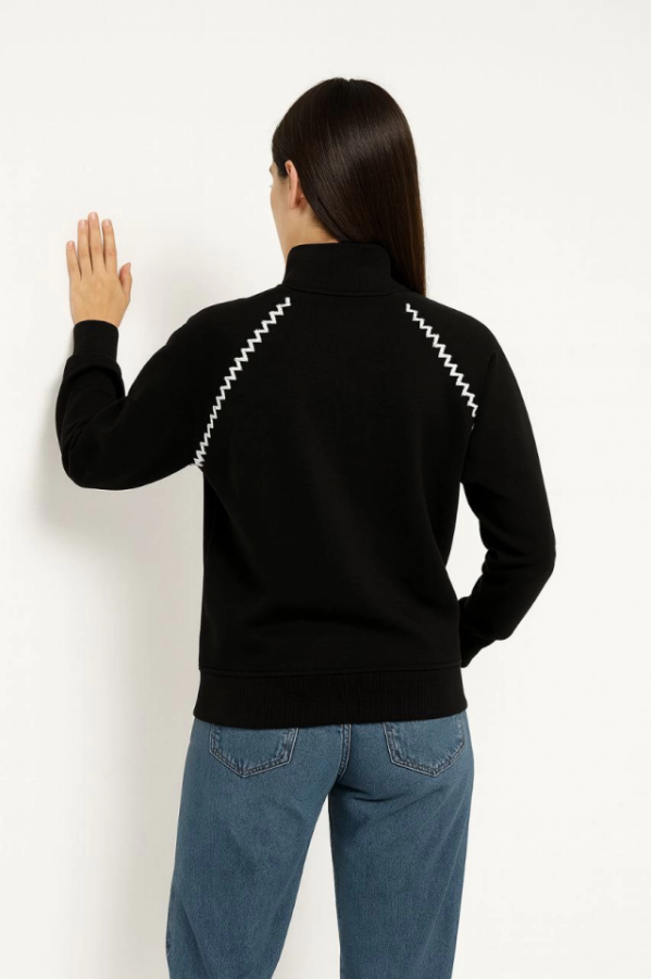 Oversize Dik Yaka Fermuarlı Sweatshirt - Zincir Nakışli Kanguru Cepli, - Siyah - 2