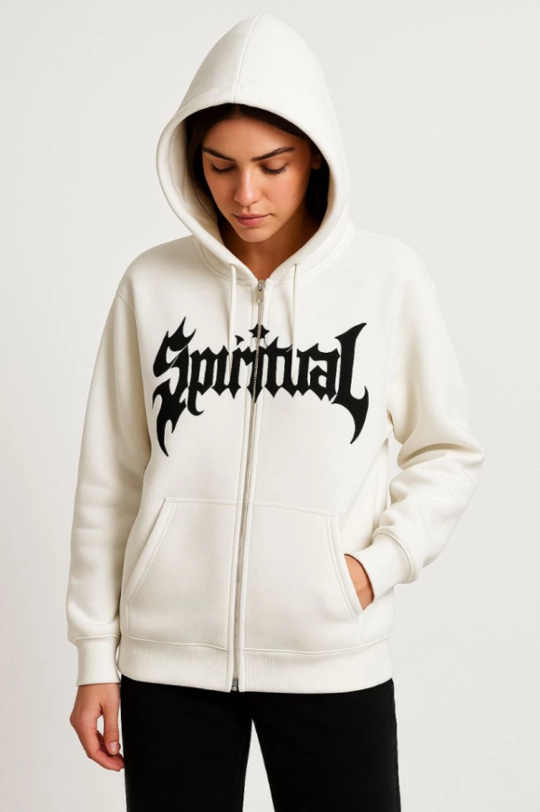 Oversize Kapüşonlu Sweatshirt Hoodie 3 İplik Şardonlu Pamuklu Kumaş, Önü Baskılı, Fermuarlı Rahat Kalıp, Kışlık Ve Sokak Stili Sweat - Beyaz - 2