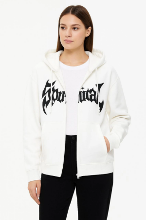 Oversize Kapüşonlu Sweatshirt Hoodie 3 İplik Şardonlu Pamuklu Kumaş, Önü Baskılı, Fermuarlı Rahat Kalıp, Kışlık Ve Sokak Stili Sweat - Beyaz - 3