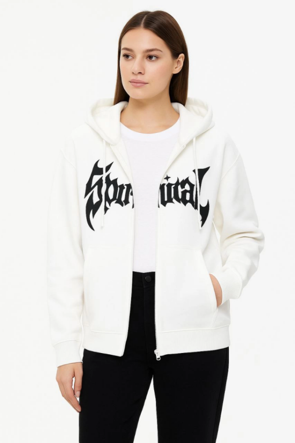 Oversize Kapüşonlu Sweatshirt Hoodie 3 İplik Şardonlu Pamuklu Kumaş, Önü Baskılı, Fermuarlı Rahat Kalıp, Kışlık Ve Sokak Stili Sweat - Beyaz - 3