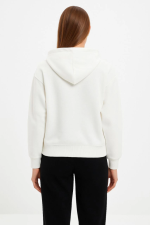 Oversize Kapüşonlu Sweatshirt Hoodie 3 İplik Şardonlu Pamuklu Kumaş, Önü Baskılı, Fermuarlı Rahat Kalıp, Kışlık Ve Sokak Stili Sweat - Beyaz - 4