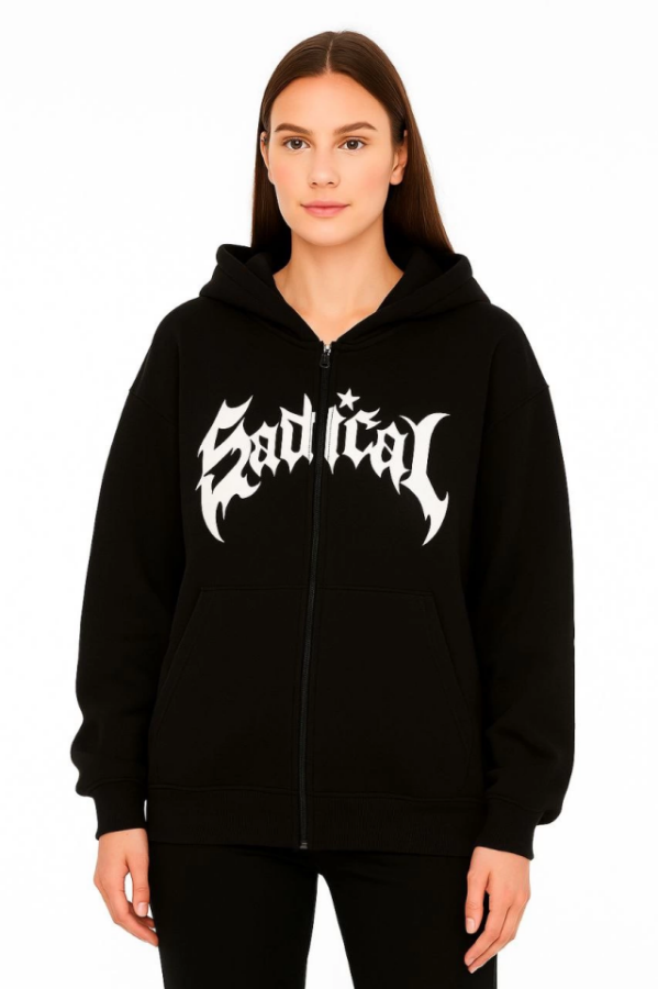 Oversize Kapüşonlu Sweatshirt Hoodie 3 İplik Şardonlu Pamuklu Kumaş, Önü Baskılı, Fermuarlı Rahat Kalıp, Kışlık Ve Sokak Stili Sweat - Siyah - 1