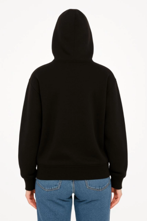 Oversize Kapüşonlu Sweatshirt Hoodie 3 İplik Şardonlu Pamuklu Kumaş, Önü Baskılı, Fermuarlı Rahat Kalıp, Kışlık Ve Sokak Stili Sweat - Siyah - 3