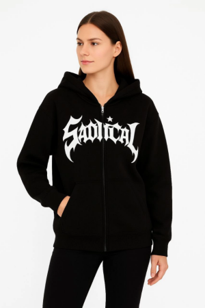 Oversize Kapüşonlu Sweatshirt Hoodie 3 İplik Şardonlu Pamuklu Kumaş, Önü Baskılı, Fermuarlı Rahat Kalıp, Kışlık Ve Sokak Stili Sweat - Siyah - 4