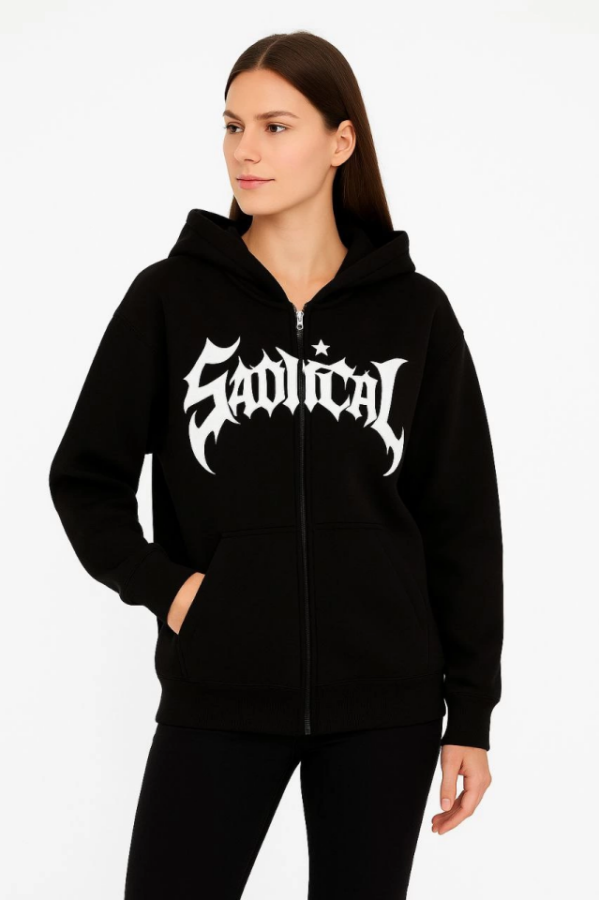 Oversize Kapüşonlu Sweatshirt Hoodie 3 İplik Şardonlu Pamuklu Kumaş, Önü Baskılı, Fermuarlı Rahat Kalıp, Kışlık Ve Sokak Stili Sweat - Siyah - 4