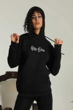 Oversize Üç İplik Kapüşonlu Sweatshirt – Siyah “Other Lives” Ön Ve Arka Baskılı, Şardonlu Kışlık, Rahat Günlük Model Siiyah - 1